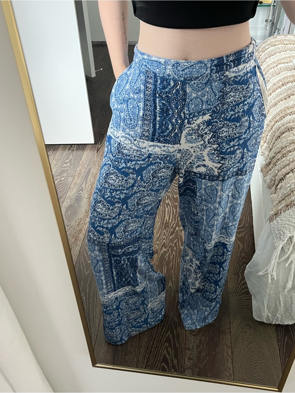 Zara Blue Paisley Patch Work Wide-Leg Lounge Flowy Summer Pants